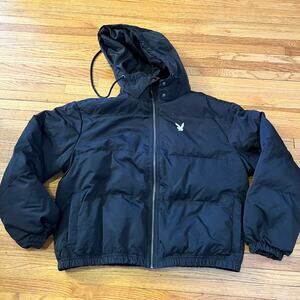 Playboy for PacSun Coat Womens Medium Large Black Puffer Crop Jacket Hood **